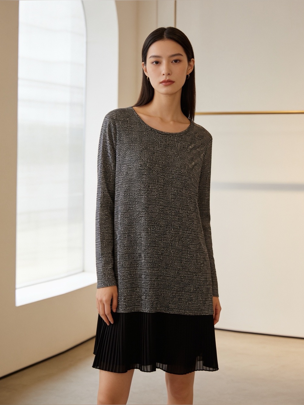 Michael Kors | Women's Black & Gray Knit Long-Sleeve Tunic Dress | L